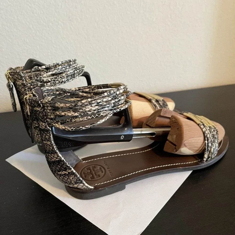 Tory Burch Mignon Rings Snake Print  Leather Sandals Ankle Strap Womens 11 Chic